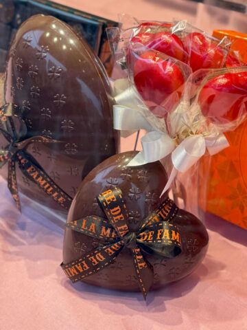 large chocolate hearts in a Paris shop window for Valentine's Day