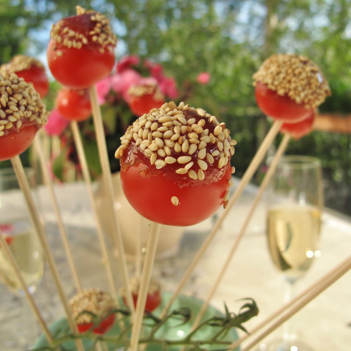 candied cherry tomatoes - a fun recipe on sticks, topped with sesame seeds