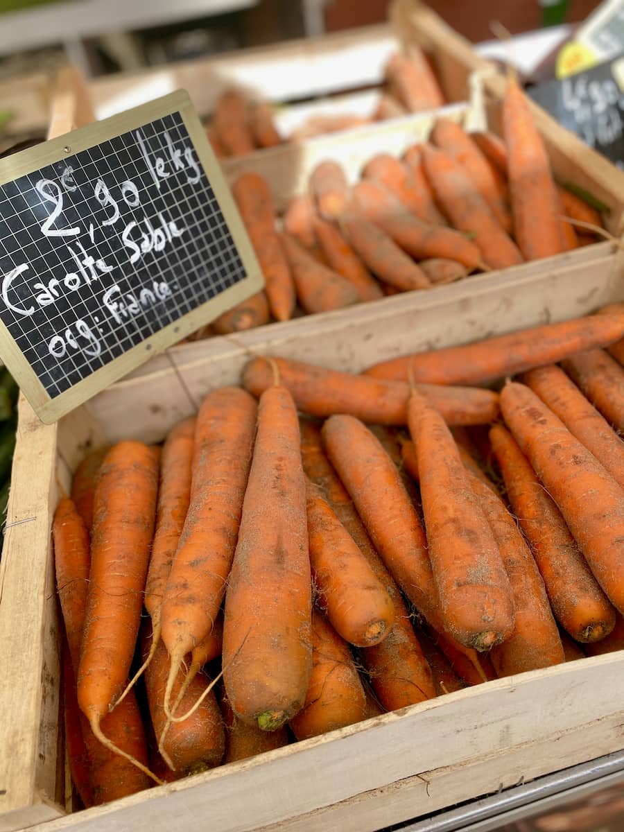 thick French carrots in crates covered in sand
